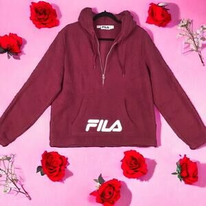 Fila Women’s Red Sherpa Hoodie Pullover Size Medium Logo Half Zip Cozy Warm